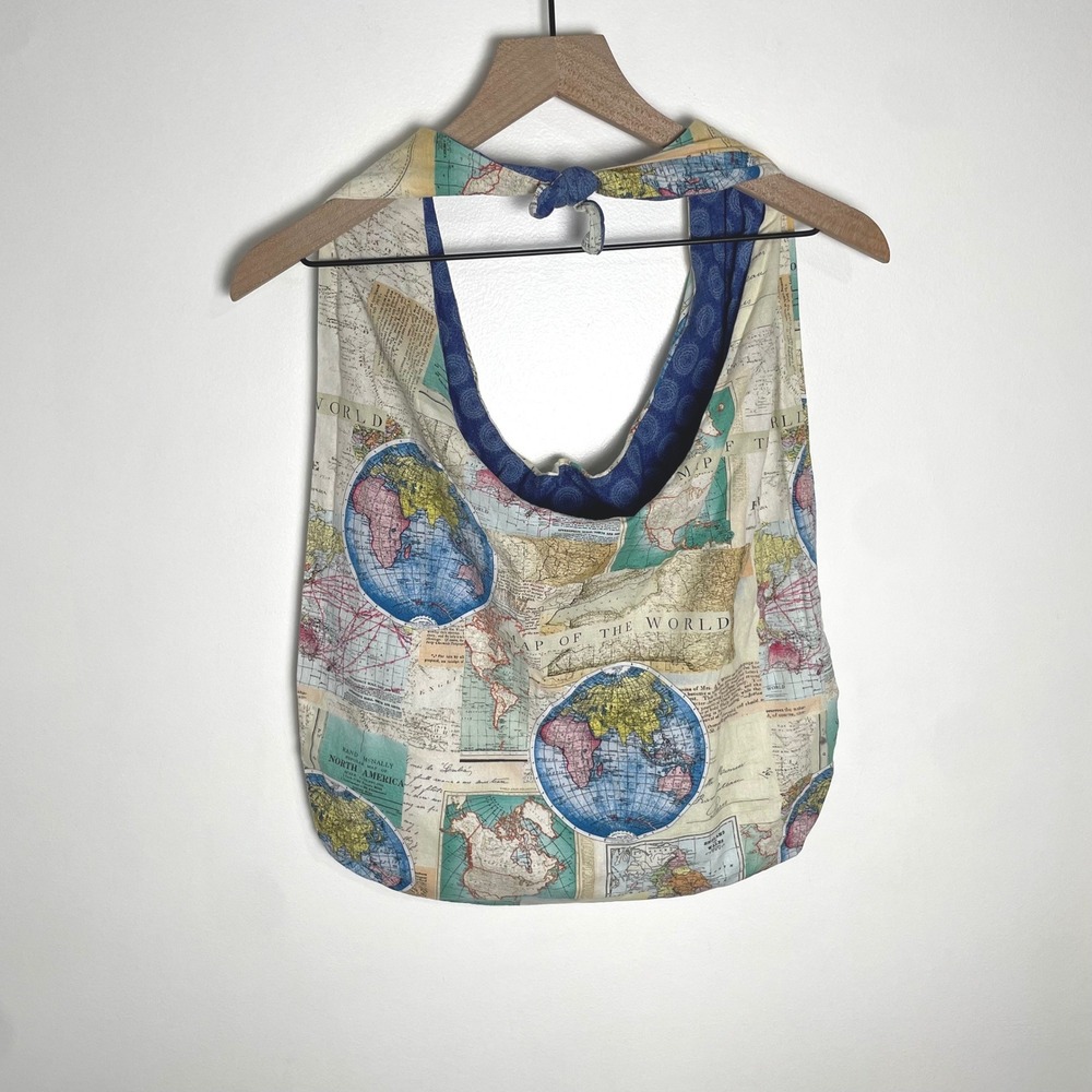 Handmade Tote Bag World Map Globe Travel Print Tie Top Shoulder Bag Boho Novelty - Picture 2 of 7